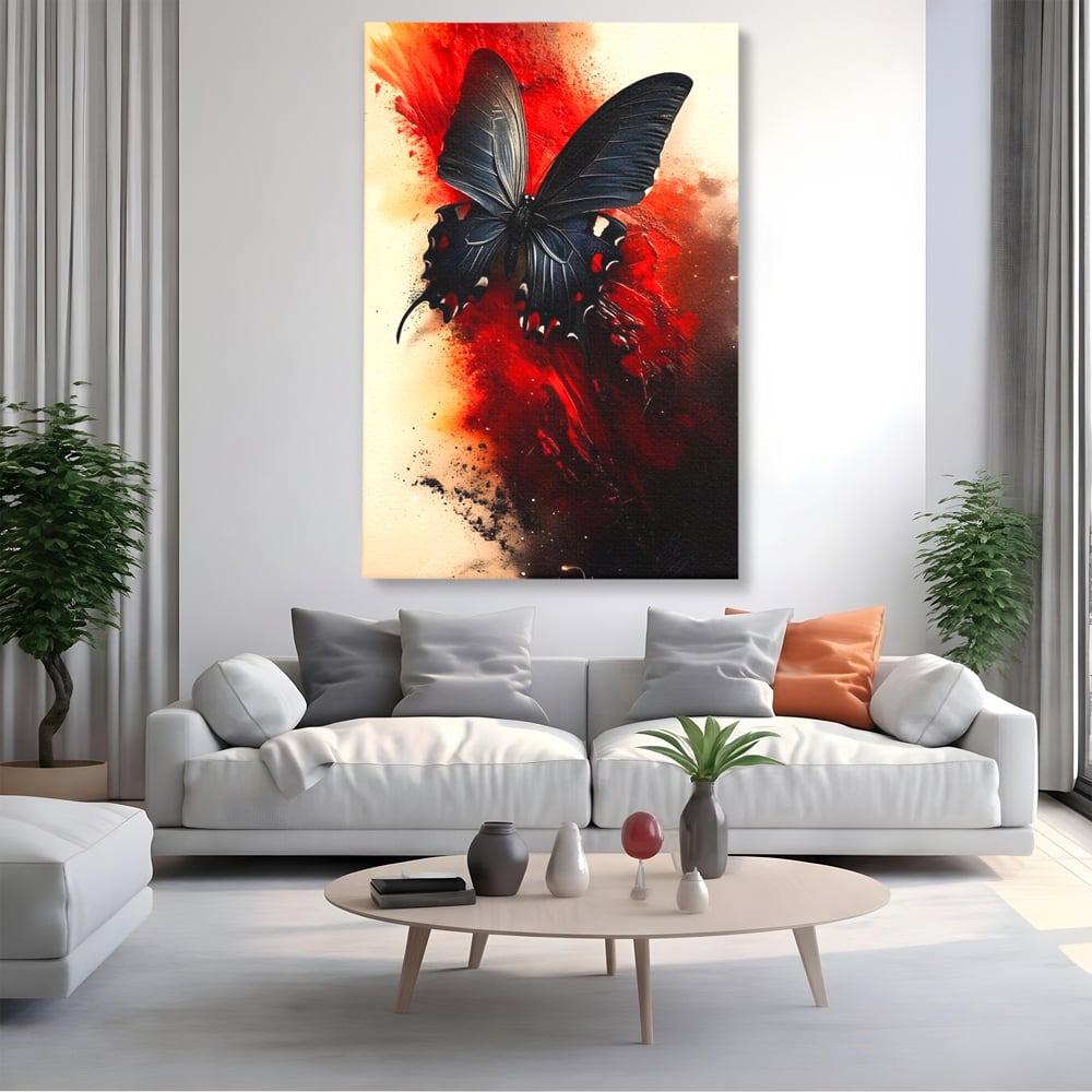 Tablou canvas cu tablou canvas cu fluture negru si fundal rosu, fara rama, pe sasiu de lemn, pe perete intr-un living
